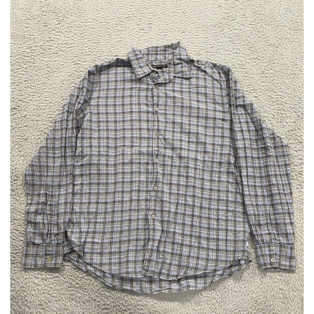 John Varvatos Shirt Mens XL Blue Plaid Button Down Long Sleeve Stretch